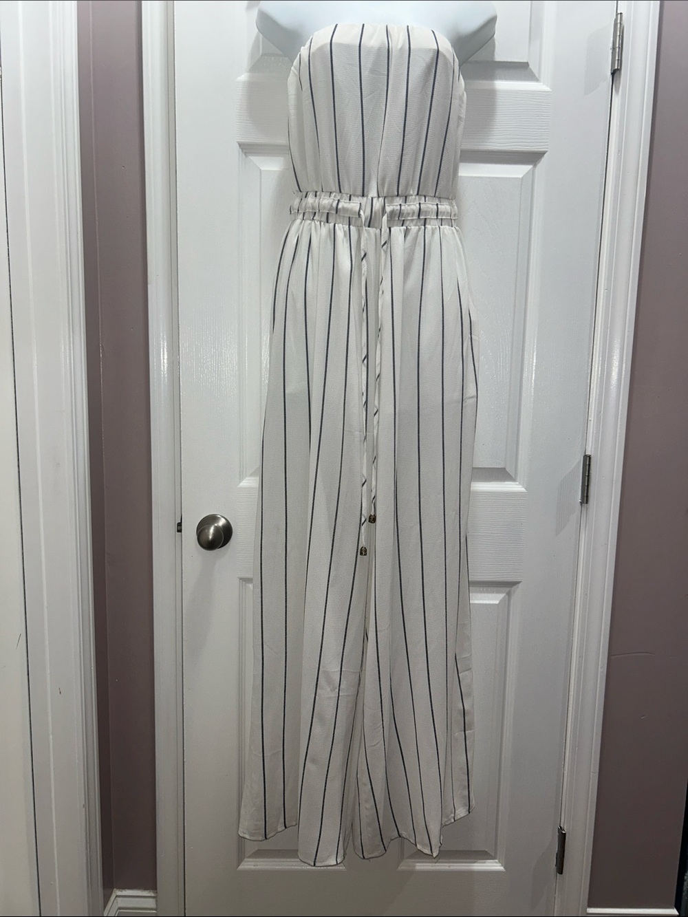 L'ATISTE White Strapless Jumpsuit with Navy Pinstripes